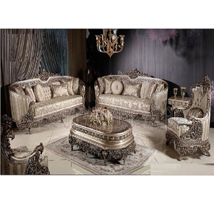 Muebles de madera de teca tallada en plata barroca para sala de estar, conjunto de sofá de forma ovalada de lujo, pulido, clásico y plateado - Product Image 1