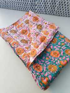 Hand Block <b>Floral</b> Print Organic Cotton Razai Quilted Indian Reversible Jaipuri <b>Quilt</b> - Product Image 3