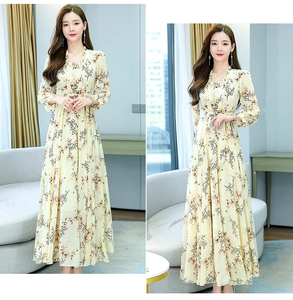 Vestido largo estampado de chifón plisado con cuello cuadrado, manga larga, estampado floral botánico, cinturón y cintura alta, para primavera/verano, uso diario, ODM - Product Image 4