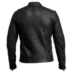 Factory Direct Men's <b>Black</b> Genuine Leather Biker Jacket Stand Collar Design with Quilted Shoulders and Zipper Pockets - Product Image 3