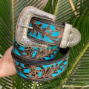 เข็มขัดหนังแท้ทำด้วยมือเข็มขัดหนังสไตล์ตะวันตกเข็มขัดสีเทอร์ควอยซ์สำหรับทุกเพศอินเดีย - Product Image 2