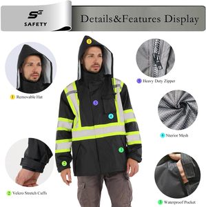 Combinaisons de pluie pour hommes imperméables avec fond noir, manteaux de pluie pour hommes en maille intérieure, vêtements de pluie haute visibilité de classe 3, amovibles - Product Image 3