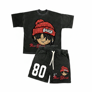 ชุดเสื้อยืดและกางเกงจ็อกเกอร์สตรีทแวร์ผู้ชาย ผ้าฝ้ายคุณภาพสูง เป็นมิตรกับสิ่งแวดล้อม กางเกงพิมพ์ลายการ์ตูนตามสั่ง 220/240 GSM สำหรับฤดูร้อน - Product Image 1