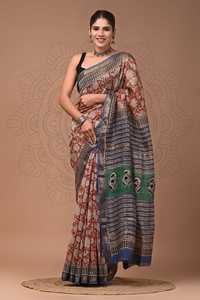 Sari en soie Maheshwari pure imprimé à la main avec pièce de blouse – Élégant soie Maheshwari pure – Vêtement ethnique imprimé à la main - Product Image 2