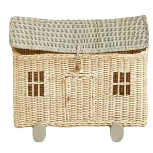 Nice Creative Potable Woven Rattan Storage Wicker Basket With Wheels & Lid In Shape of Little House With Windows And Door