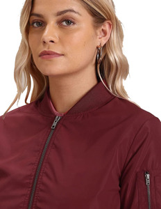 Wholesale Women's Burgundy Bomber <b>Jacket</b> Full Sleeve Zipper Closure Solid Color Windproof Polyester Woven Autumn Style - Product Image 5