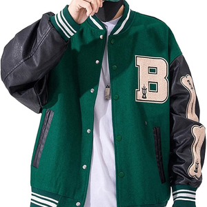 Manteaux streetwear décontractés unisexe à col montant veste universitaire en laine et cuir avec patch en toile anthracite/noir pour hommes femmes - Product Image 1