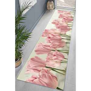 Tapis aux motifs de tulipes roses - Tapis imprimé avec un motif de fleurs roses, tapis à poils doux - Product Image 1