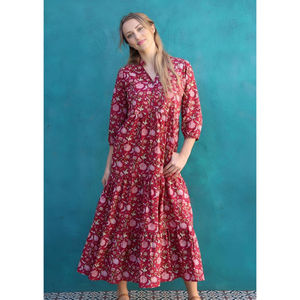 Tiered Long <b>Maxi</b> <b>Dress</b> <b>with</b> Long <b>Sleeves</b> Cranberry Cotton - Product Image 3