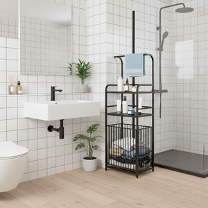 KPT68009 Modern Bathroom Storage <b>Shelf</b> with <b>Hooks</b> and Baskets Stainless Steel Corner Mounted for Hotel Kitchen Apartment - Product Image 3