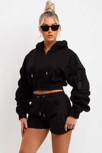 Hot Selling Black 2 Piece Women's <b>Ruched</b> Crop Zip Hoodie And <b>Shorts</b> Tracksuit Set Women's Breathable Tracksuit Set Two Piece Set - Product Image 4