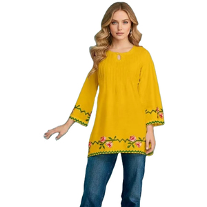 El más popular para fiestas de oficina: Tela de seda Georgette, estilo cuello redondo, longitud media, sin costuras, diseño indio moderno, multicolor, para mujer. - Product Image 1