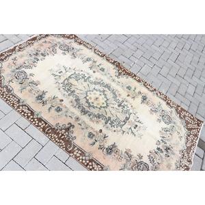 Vintage Area Rug 3.7x6.8 ft, Turkish <b>Brown</b> Floral <b>Wool</b> Rug - Product Image 4