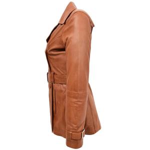Chaqueta de Motociclista de Cuero Marrón para Mujer, Doble Botonadura, con Cinturón, Estilo Vintage, Larga, Transpirable - Product Image 2