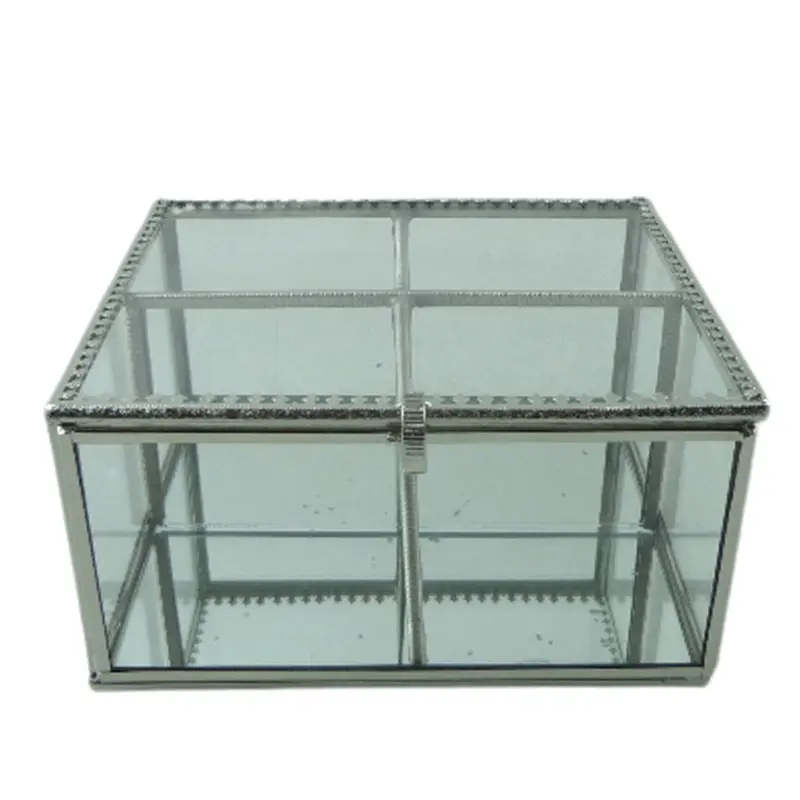 Caja cuadrada de latón y vidrio, joyero de Color níquel plateado para decoración de boda, hecho a mano, personalizado