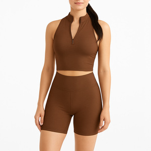 Ensemble haut court à bretelles et short de cycliste taille haute marron pour femmes, tenue de sport sans manches - Product Image 1