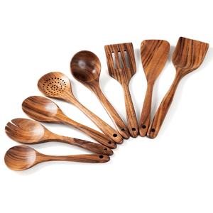 Juego de utensilios de cocina modernos de madera de teca de grado alimenticio, cucharas para sopa fáciles de limpiar, herramientas para servir con accesorios de diseño manual para cocinar - Product Image 1