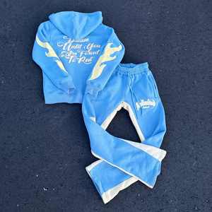 Haute qualité 100% coton en détresse broderie Jogging survêtement unisexe hommes survêtement survêtement survêtement pantalon de survêtement à capuche ensemble - Product Image 6