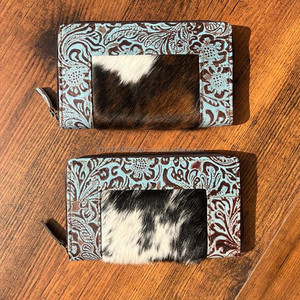 Nouveau véritable cuir de fourrure de vachette sculpture pochette coques de téléphone élégant nouveau Design à la main couleur Turquoise cuir occidental femmes portefeuille - Product Image 4