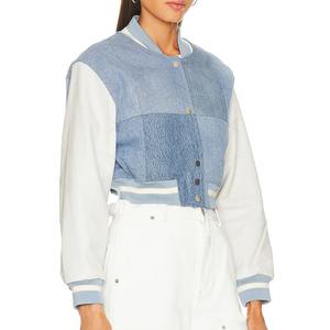 OEM กางเกงยีนส์สีฟ้าอ่อนงาช้างกระดุมสแน็ปด้านหน้ากระดุมกระดุมกระดุมกระดุมสแนปสำหรับผู้หญิงเสื้อครอปเสื้อแจ็คเก็ตกีฬามหาวิทยาลัย - Product Image 4