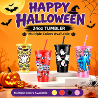Gobelet en plastique réutilisable de 24 oz pour Halloween avec paille et couvercle, motif fantôme et citrouille, pour café glacé, avec logo personnalisé, articles de fête, vente en gros
