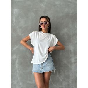Camiseta de encaje en el hombro color crema para mujer Topshow al por mayor - Product Image 3