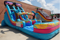 Structure gonflable 18 pieds Island Flow avec toboggan aquatique double piste et mur d'escalade central, capacité 500 personnes, installation facile pour usage sportif commercial