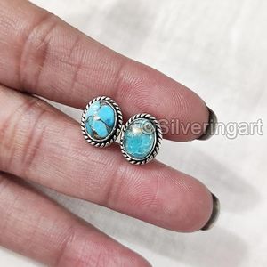 Pendientes de Botón para Mujer, Turquesa Azul Natural, Gema, Joyería Bohemia Hecha a Mano, Plata de Ley 925 - Product Image 5