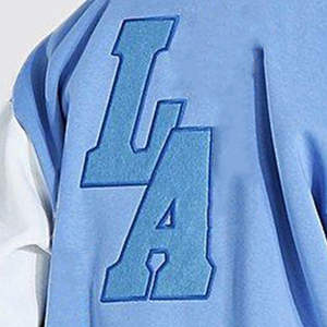 Custom Blue White Stand Collar Front Embroidered Logo <b>Slim</b> <b>Fit</b> <b>Men's</b> Varsity <b>Jacket</b> Button-Up Baseball Style Winter Warm - Product Image 4