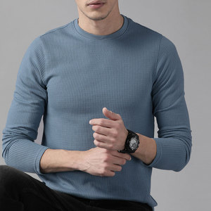 T-shirt en tricot à manches longues pour homme, col rond, couleur unie, respirant, coupe ajustée, vêtements décontractés, bleu - Product Image 2
