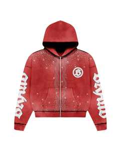 Chándal con capucha con apliques de diamantes de imitación de calidad superior con cremallera de gran tamaño francés Terry Drop Shoulder Vintage lavado con ácido desgastado - Product Image 3