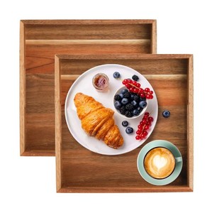 <b>Set</b> of 2 <b>Square</b> Wooden Serving Trays Natural Acacia Wood Serving Trays Decorative Serving Use Coffee Table Food & <b>Dinner</b> Trays - Product Image 5