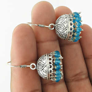 Bijoux tibétains vintage en argent sterling massif 925 Boucles d'oreilles en forme de cloche avec topaze bleue Boucles d'oreilles bohème en pierres précieuses - Product Image 3