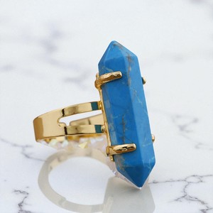 Double Pointed Healing Turquoise Gemstone <b>Rings</b>- Long Stone Gold Plated Women <b>Ring</b> - 925 Silver <b>Crystal</b> <b>Ring</b> Jewelry - Product Image 1