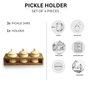 Art Of Warli Ensemble de pots à cornichons et chutney en céramique multi-usages avec support en bois Ensemble de 3 pots à condiments en céramique non hermétiques - Product Image 5