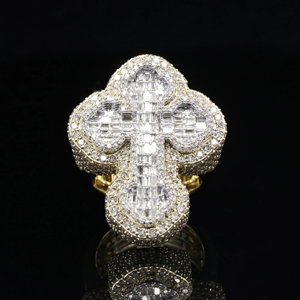 Présentant l'original Hip Hop Jesus Cross Ring Bust Down By Round And Baguette Cut Moissanite Diamond In 14kt Yellow Gold - Product Image 1