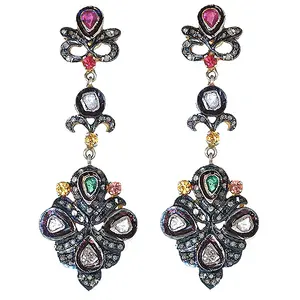 Boucles d'oreilles pendantes vintage plaquées or 18 carats avec rubis, émeraude, diamant et perle pour mariage, bijoux élégants pour femmes - Product Image 1