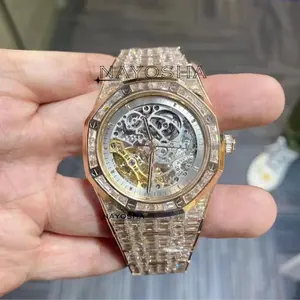 新款时尚奢华骨架手表不锈钢全冰镇长棍面包Vvs莫桑石钻石男装手表出口商来自印度