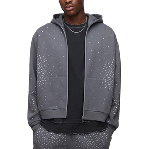 Sweat-shirts d'hiver gris uni de haute qualité, vente chaude, OEM, 100% coton polaire, coupe-vent, strass - Product Image 1