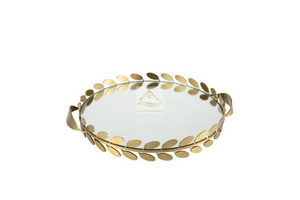 Plateau décoratif de table en métal de forme ronde en marbre avec double crochet latéral et plateau à poignée pour collations et plateaux de service à thé - Product Image 6