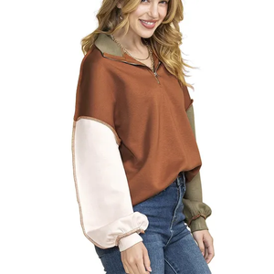 Custom 3D Print Logo Loose Drop Shoulder Loose Double Stitching Color Block Knitted <b>Half</b> <b>Zip</b> up Sweatshirts - Product Image 5