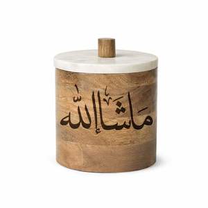 Pot de rangement en bois avec calligraphie arabe Mashallah, couvercle en marbre, boîte décorative pour la décoration de la maison - Product Image 1