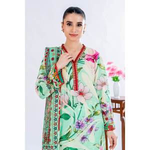 Traje de chifón verde sin costuras para mujer con estampado y bordado, top de uso diario - Product Image 2