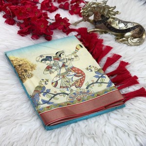 ผ้าซิ่นไหมเนื้อนุ่ม VASTRA COTTAGE ลายพิมพ์ดอกไม้แบบ Kalamkari ขอบปักดิ้นทอง ผ้าปาลูแบบดิจิทัลผสมผสาน พร้อมเสื้อพิมพ์ลายพู่ห้อย - Product Image 5