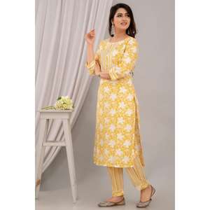 Conjunto de Kurta recto con estampado floral amarillo para mujer con pantalones y Dupatta con diseño de yugo - Product Image 5