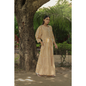 Vestido Midi de Algodón para Mujer, Mangas Largas, Bolsillos, Estampado a Mano con Rayas, Estilo Boho Chic, Vestido Fluido, Cintura Natural Sostenible - Product Image 1