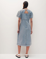 Vente à chaud à la mode Denim couleur unie manches bulle décontracté élégant robe trapèze
