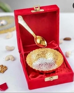 Gold Silver Plated Bowl Spoon Set with Velvet Box Brass Decorative Annaprasana Dry Fruits for Halloween Wedding Return Gifts - Product Image 2