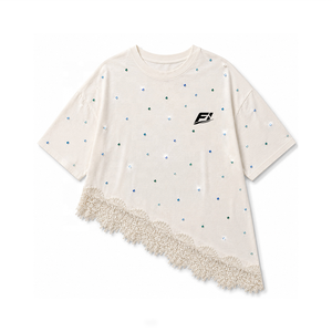 Camiseta de mujer de manga corta oversize con dobladillo de encaje y perlas, cuello redondo, ajuste holgado, mezcla de algodón, para verano - Product Image 3