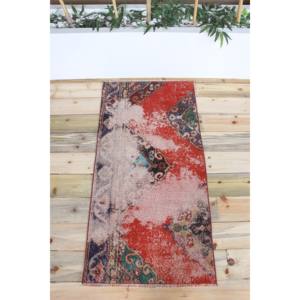 Alfombra Turca Vintage de 2.1x4.3 pies (65x130 cm), Alfombra de Lana Roja con Diseño Geométrico - Product Image 1